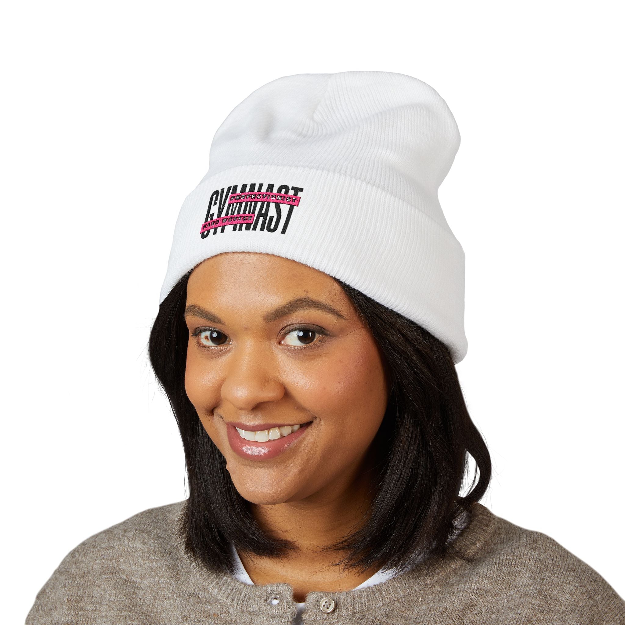 GYMNAST Pink White Knit Winter Hat